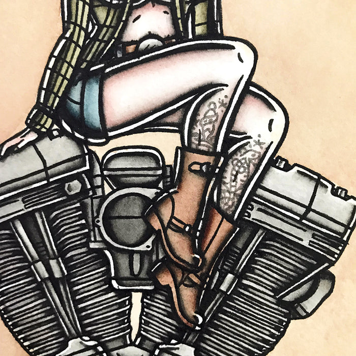 American Traditional tattoo flash sexy Harley-Davidson Twin Cam engine pinup spitshade painting.