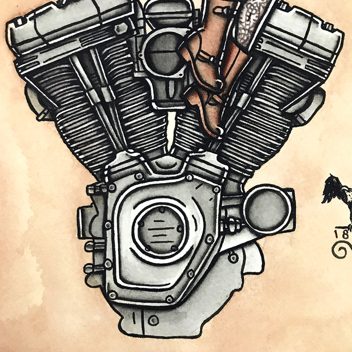 American Traditional tattoo flash sexy Harley-Davidson Twin Cam engine pinup spitshade painting.