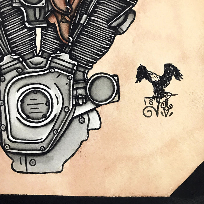 American Traditional tattoo flash sexy Harley-Davidson Twin Cam engine pinup spitshade painting.