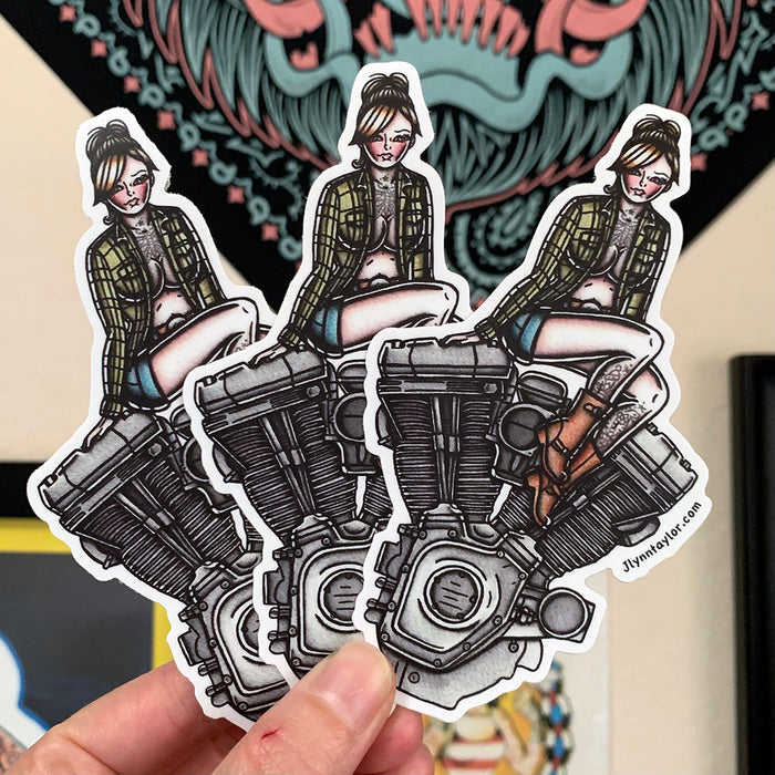 American Traditional tattoo flash illustration Twin Cam Engine Pinup watercolor sticker.