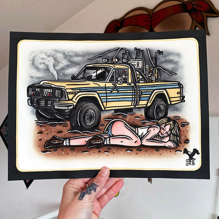 American traditional tattoo flash Twister Pinup Jeep J10 watercolor painting.