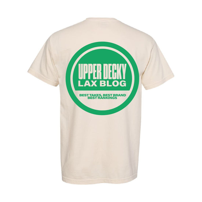 Back of ivory shirt with green circle. inside green shirt says "Upper Decky Lax Blog. Best takes, Best brand, best rankings