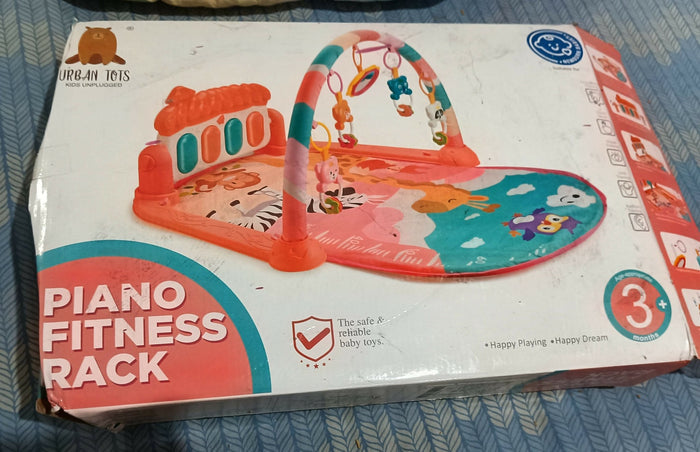 URBANTOTS piano fitness rack for babies with hanging toys, play gym mat, interactive piano keys, sensory play features, and engaging activity setup for early development.