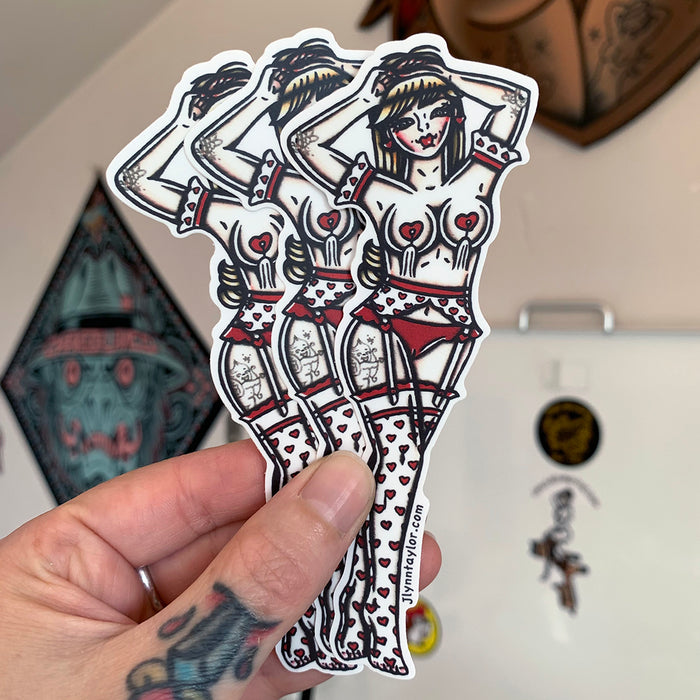 Professionally printed die cut sticker on thick matte vinyl. Weather and scratch proof lasting up to 5 years outdoors.&nbsp;Approximately 2x5 inches. Original ink and watercolor artwork by Jlynntaylor.