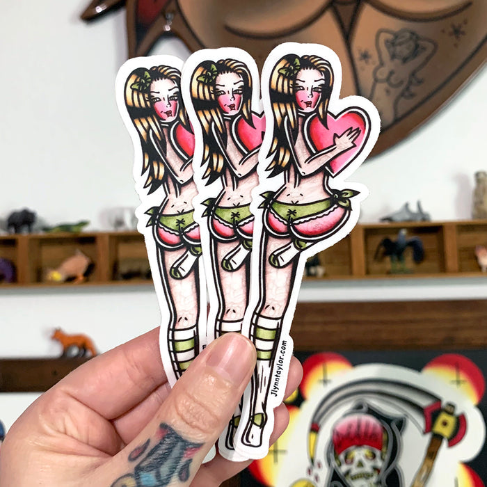 American traditional tattoo flash Valentine Pinup watercolor sticker.