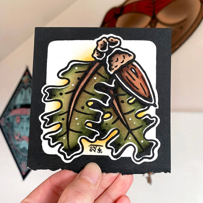 American traditional tattoo flash illustration Valley Oak Quercus Lobata watercolor painting.