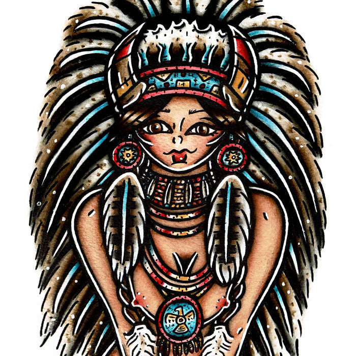 American Traditional Tattoo flash nude Inidan Native American Pinup watercolor Painting.