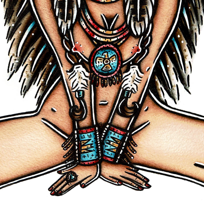 American Traditional Tattoo flash nude Inidan Native American Pinup watercolor Painting.