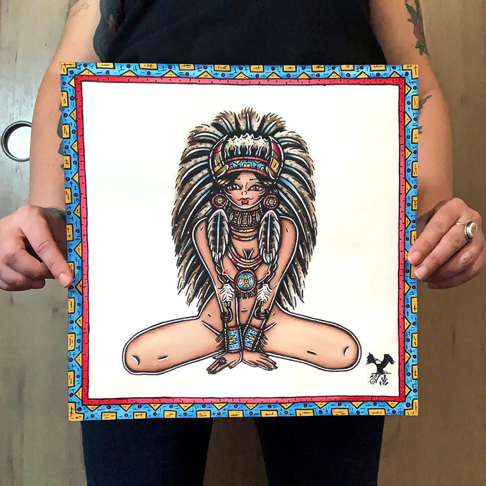 American Traditional Tattoo flash nude Inidan Native American Pinup watercolor Painting.