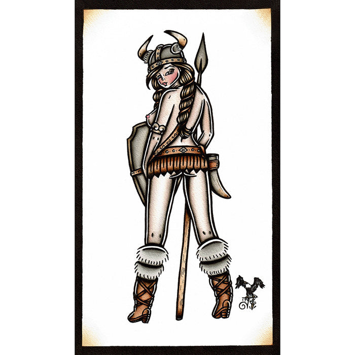 American Traditional tattoo flash Viking Pinup watercolor painting.