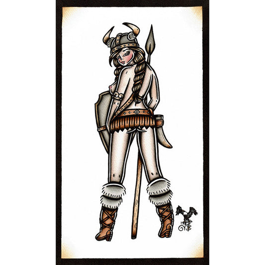 American Traditional tattoo flash Viking Pinup watercolor painting.