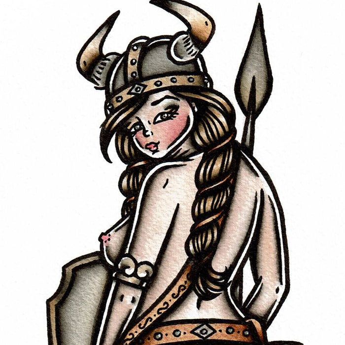 American Traditional tattoo flash Viking Pinup watercolor painting.