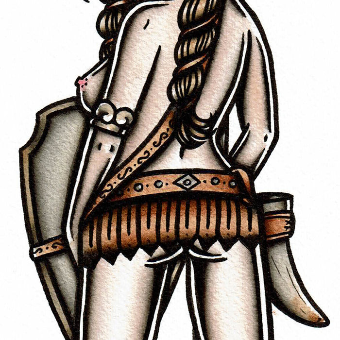 American Traditional tattoo flash Viking Pinup watercolor painting.