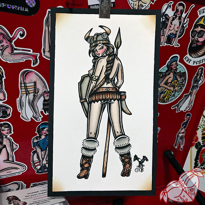 American Traditional tattoo flash Viking Pinup watercolor painting.