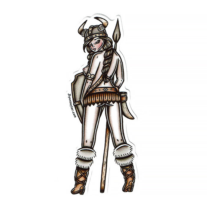 American traditional tattoo flash illustration Topless Viking Pinup watercolor sticker.