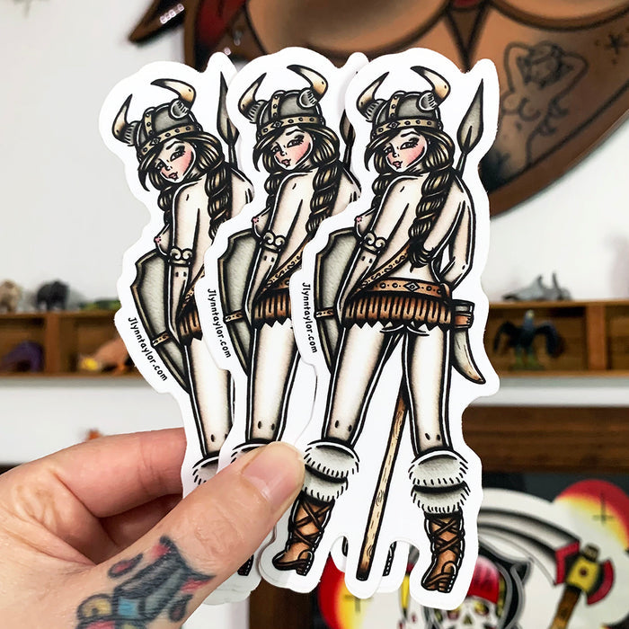 American traditional tattoo flash illustration Topless Viking Pinup watercolor sticker.