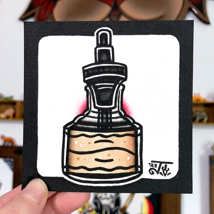 American Traditional tattoo flash Vintage Ink Bottle watercolor painting.