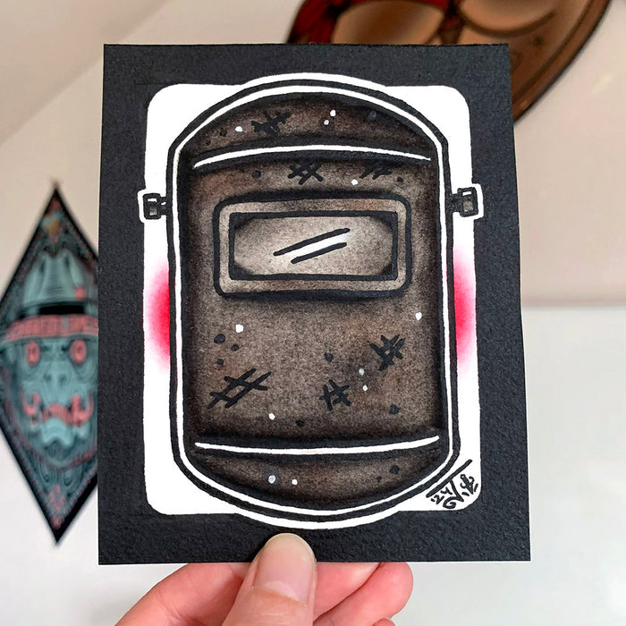 American traditional tattoo flash illustration Welding Hood Helmet watercolor painting.