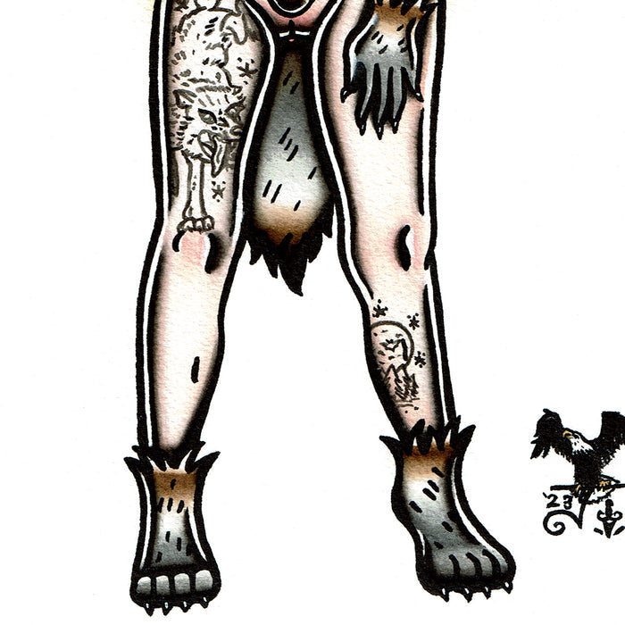 American traditional tattoo flash Werewolf Pinup watercolor painting.