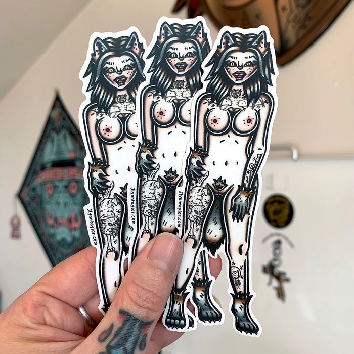 American traditional tattoo flash Werewolf Pinup watercolor sticker.