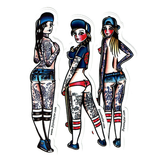 American traditional tattoo flash West Coast Skateboard Pinup Sticker Set.