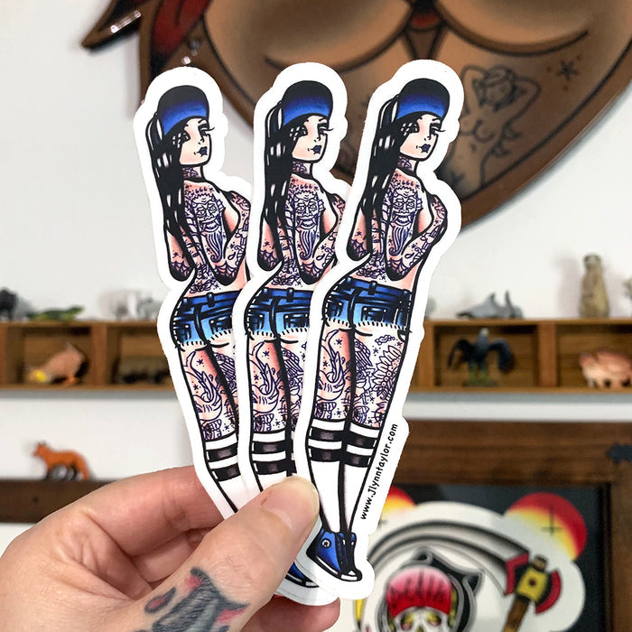 American Traditional tattoo flash West Coast Skateboard Pinup watercolor sticker.