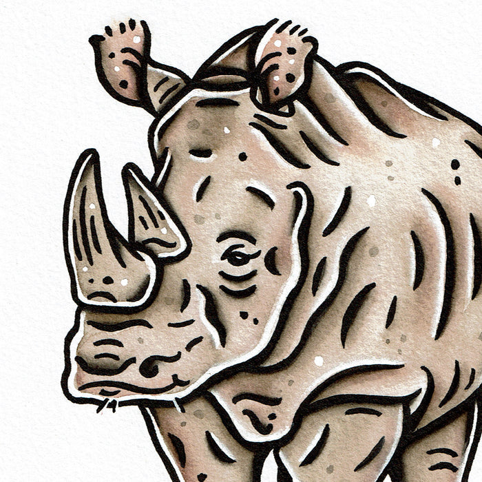 American traditional tattoo flash wildlife illustration White Rhinoceros watercolor painting.
