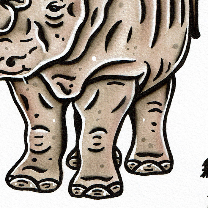 American traditional tattoo flash wildlife illustration White Rhinoceros watercolor painting.