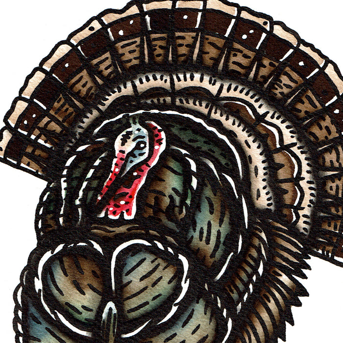 American traditional tattoo flash wildlife illustration Wild Turkey ink and watercolor painting.