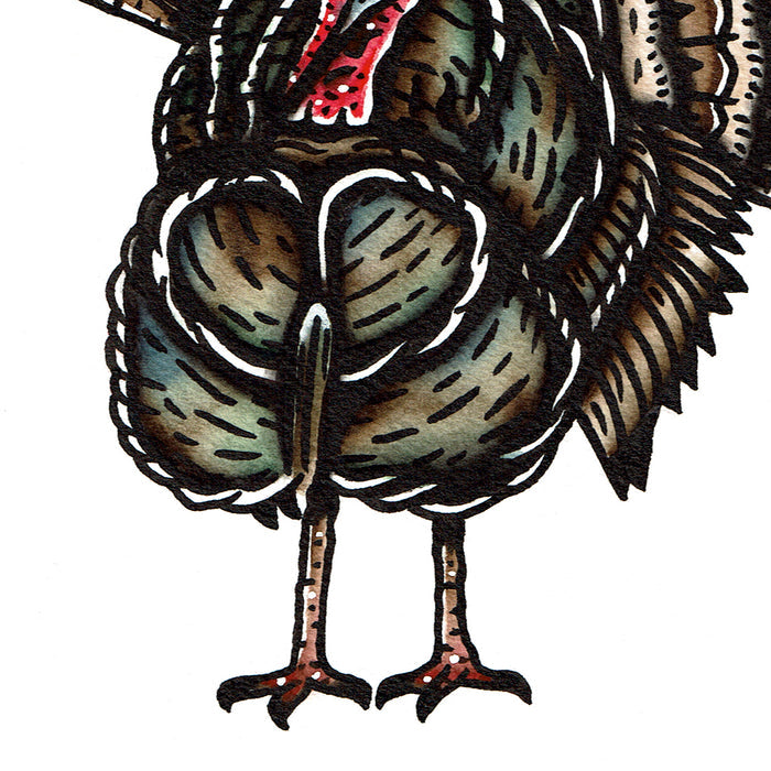 American traditional tattoo flash wildlife illustration Wild Turkey ink and watercolor painting.