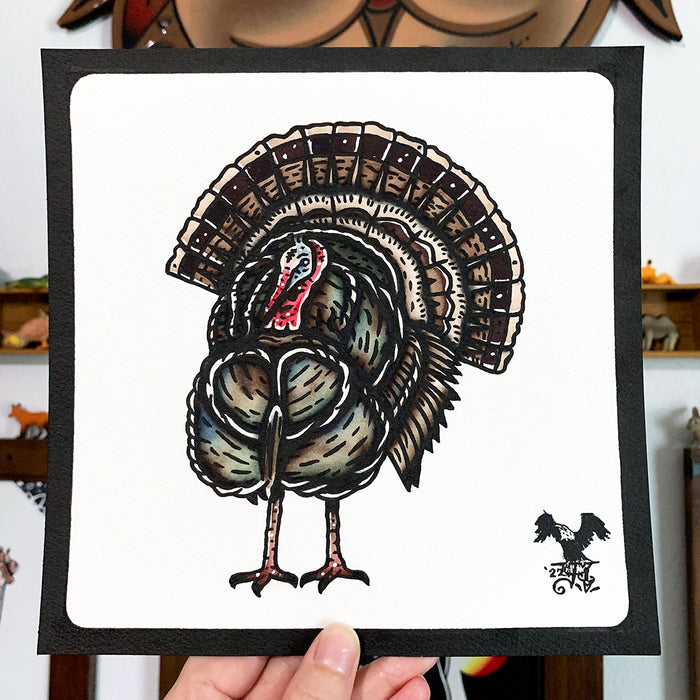 American traditional tattoo flash wildlife illustration Wild Turkey ink and watercolor painting.
