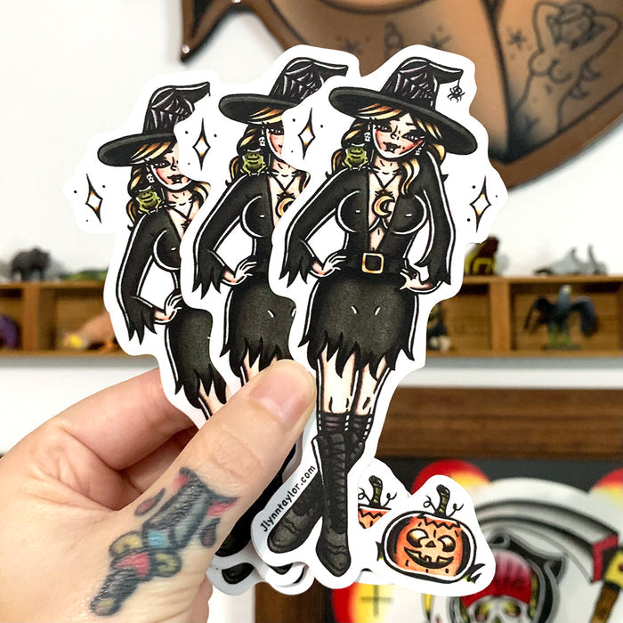 American traditional tattoo flash Witch and Pumpkin Pinup watercolor sticker.