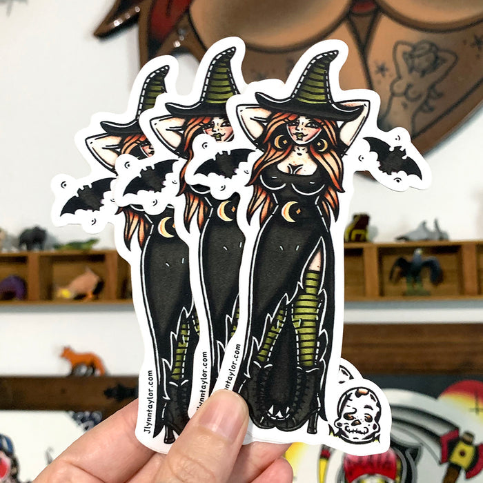 American traditional tattoo flash illustration Witch and Skull Pinup  sticker.
