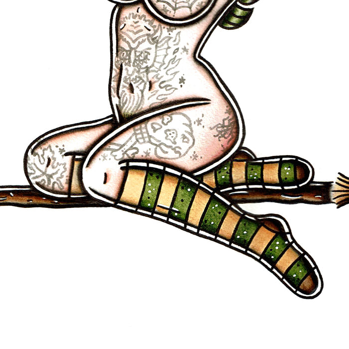 American traditional tattoo flash illustration nude Witch and Toad Pinup ink and watercolor painting.