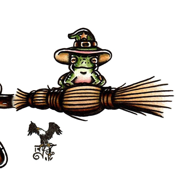 American traditional tattoo flash illustration nude Witch and Toad Pinup ink and watercolor painting.