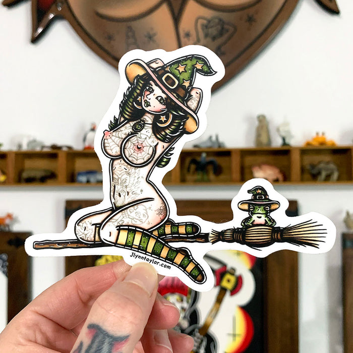 American traditional tattoo flash Witch and Toad Pinup watercolor sticker.