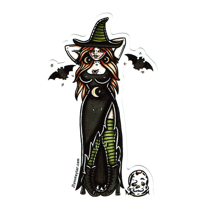 American traditional tattoo flash witch pinup sticker.