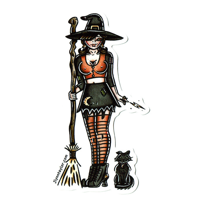 American traditional tattoo flash witch pinup sticker.
