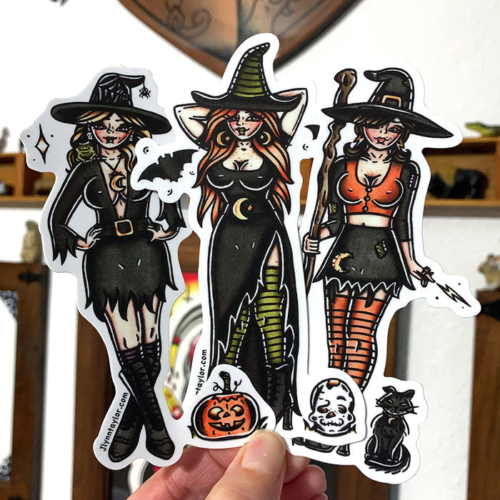 American traditional tattoo flash witch pinup sticker set.