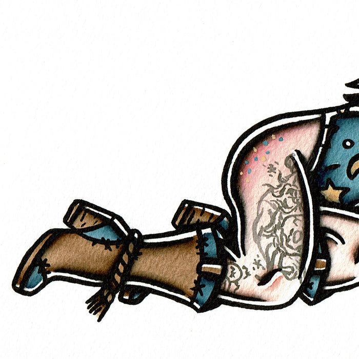 American traditional tattoo flash Wizard Pinup watercolor painting.