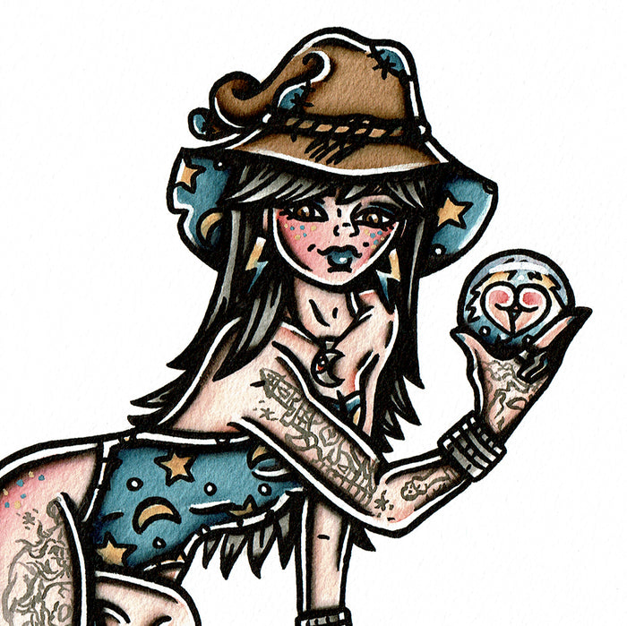 American traditional tattoo flash Wizard Pinup watercolor painting.