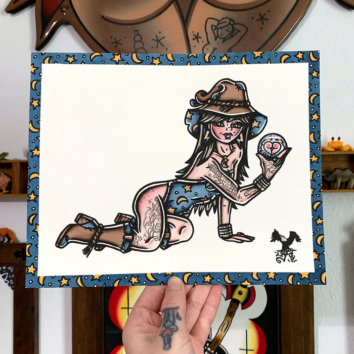 American traditional tattoo flash Wizard Pinup watercolor painting.