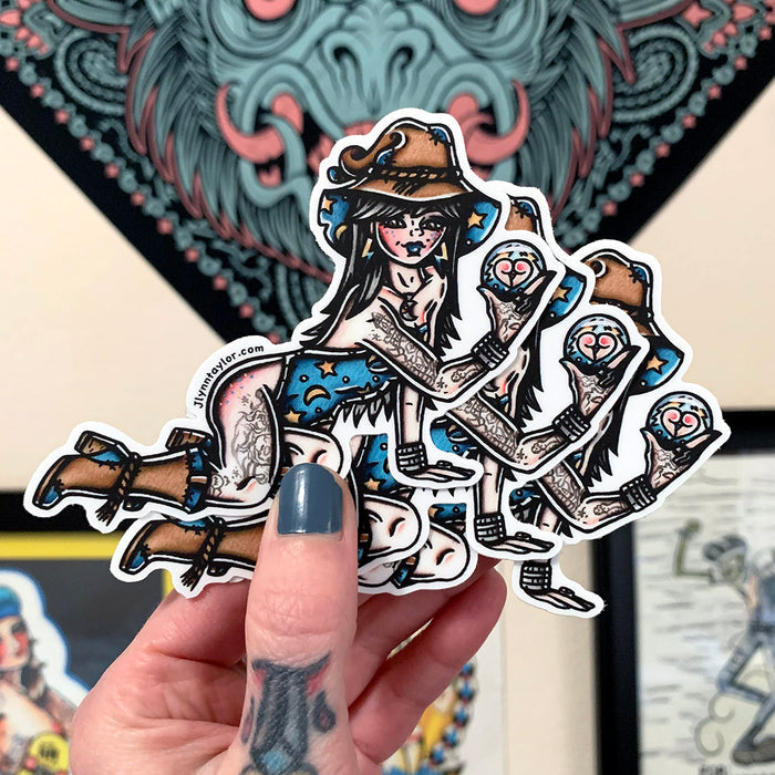 American traditional tattoo flash illustration Booty Ball Wizard Pinup watercolor sticker.