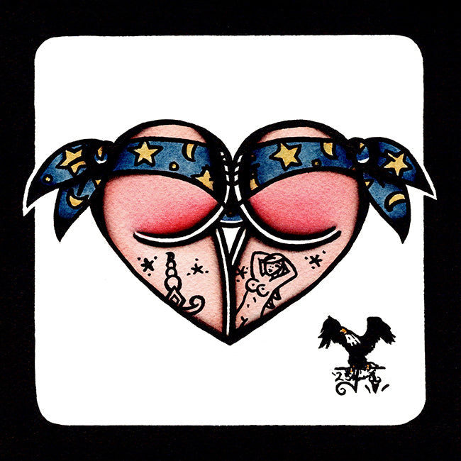 American traditional tattoo flash wizard warlock  Scrunch Butt Bikini Booty Heart watercolor painting.