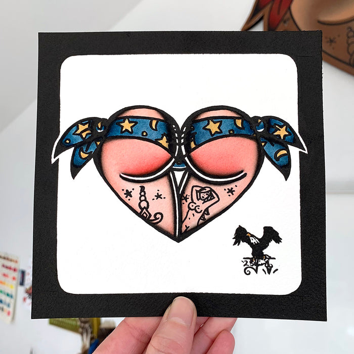 American traditional tattoo flash wizard warlock  Scrunch Butt Bikini Booty Heart watercolor painting.