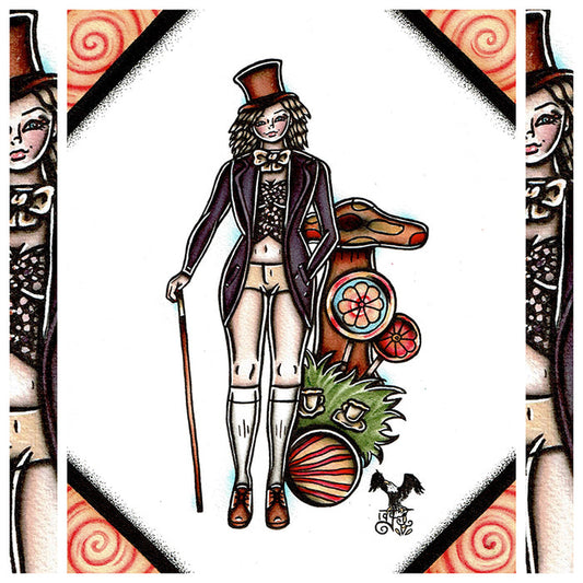 American Traditional tattoo flash sexy Willy Wonka pinup spitshade painting.