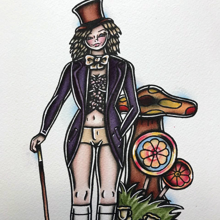 American Traditional tattoo flash sexy Willy Wonka pinup spitshade painting.