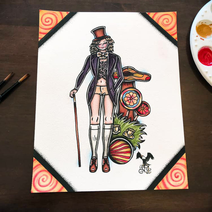 American Traditional tattoo flash sexy Willy Wonka pinup spitshade painting.