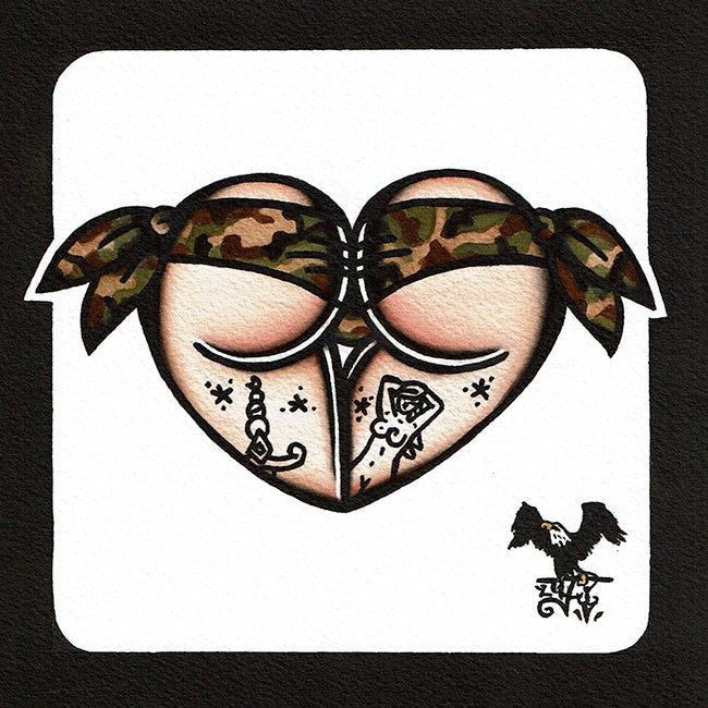 American traditional tattoo flash Woodland Camouflage Scrunch butt Bikini Booty Heart Watercolor Painting.