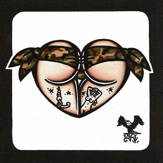 American traditional tattoo flash Woodland Camouflage Scrunch butt Bikini Booty Heart Watercolor Painting.